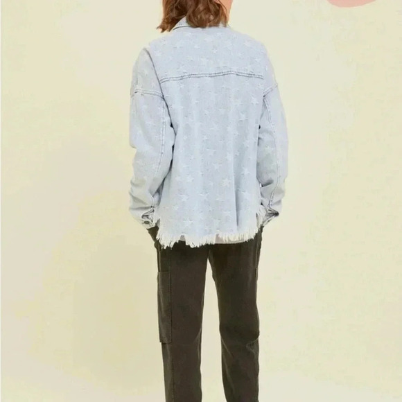 BOHO WESTERN WASHED BUTTON-DOWN DISTRESSED STAR DENIM JACKET WITH SIDE POCKETS - Picture 2 of 3